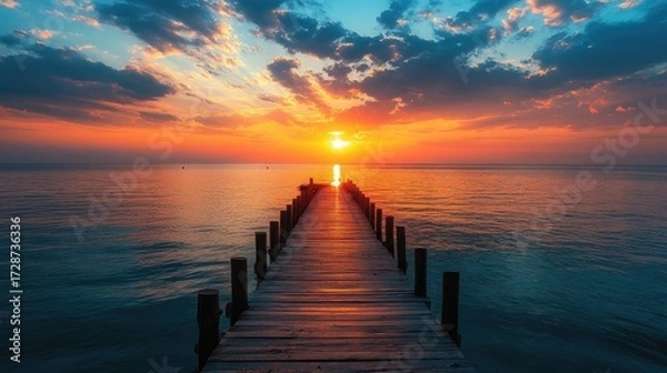 Fototapeta Sunset at the Sea with Silhouette Bridge Summer Nature Background, Tranquil and Beautiful.