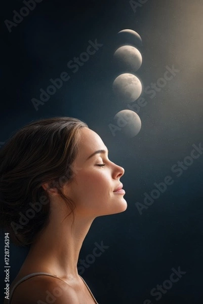 Fototapeta Symbolic Representation of Menstrual Cycle Phases with Moon Phases and Female Profile