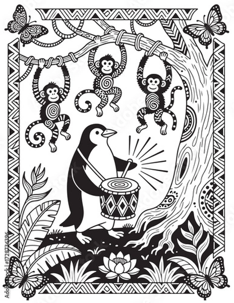 Fototapeta Penguin Jungle Coloring Page with Monkeys Drumming Butterflies and Tropical Forest Printable Line Art