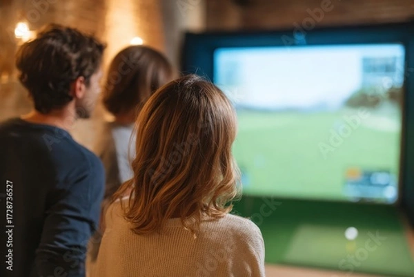 Fototapeta Family Playing Together on Indoor Golf Simulator with Large Virtual Screen and Joyful Atmosphere, Golf Simulator