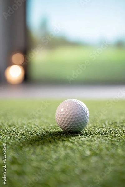 Fototapeta Golf Ball Close-Up with Virtual Course Display on Indoor Simulator Screen, Training Focused Composition, Golf Simulator