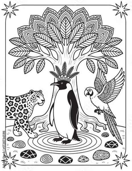 Fototapeta Penguin Jungle Coloring Page with Leopard Parrot Sacred Tree and Mandala Leaves in Black and White Printable Line Art