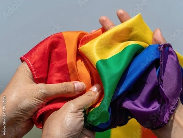 Fototapeta Realistic photo of hands holding vibrant rainbow pride flag against clean background symbolizing diversity inclusion acceptance love, Selective Focus