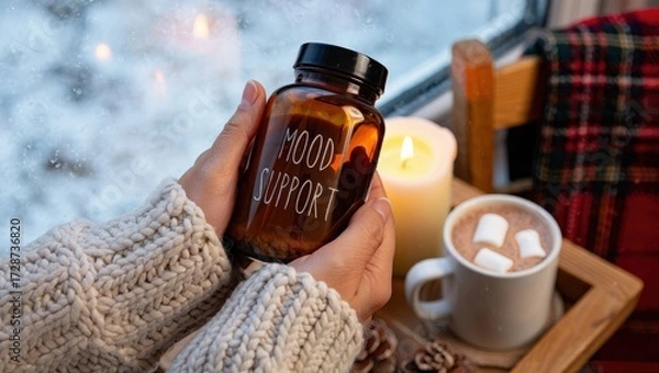 Fototapeta Winter Mood Support Supplement With Vitamin D3 and B-Complex Held in Cozy Sweatered Hands Near Frosty Window With Candlelight, Selective Focus, Copy Space