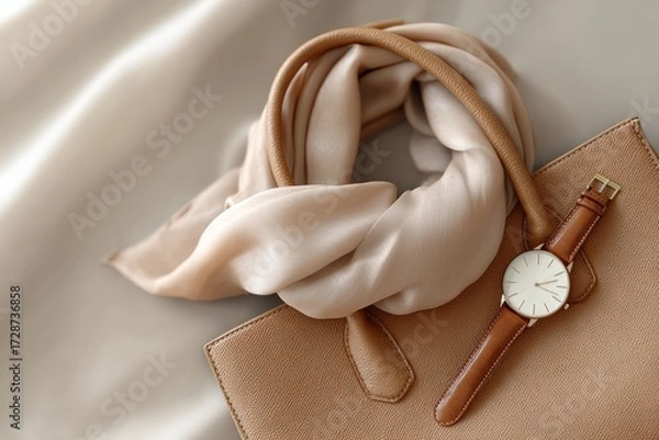 Fototapeta Flat lay composition elegant leather handbag soft scarf stylish watch neutral color palette minimal fashion accessories clean look, Selective Focus