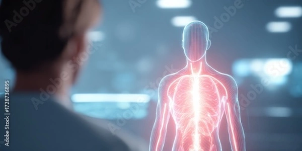 Fototapeta Virtual Human Twin standing in front of real person, displaying biometric body scan with futuristic interface