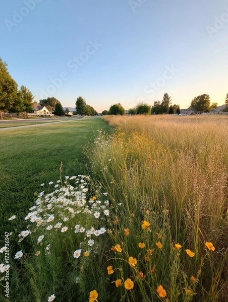 Fototapeta Visual transition from manicured lawn to wildflower meadow, minimal composition highlighting ecological landscaping and native biodiversity, Selective Focus