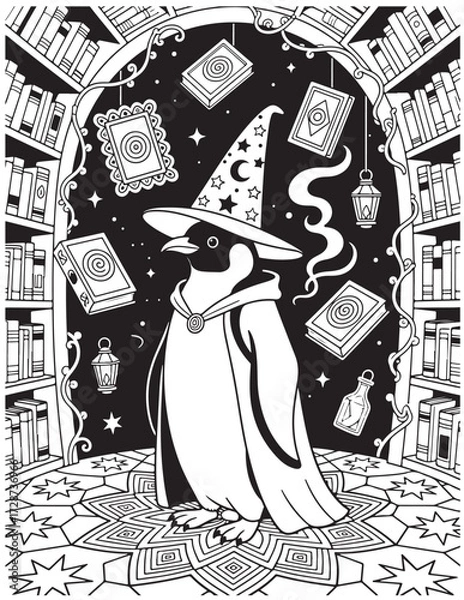 Fototapeta Penguin Wizard Coloring Page with Magic Hat Spell Books Library and Stars in Black and White Printable Line Art