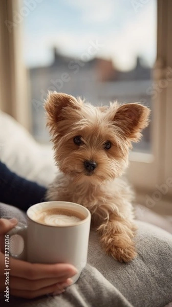 Fototapeta Puppuccino Morning Coffee Ritual with Dog Sitting on Owner’s Lap in Cozy Cafe and Drinking from Small Cream Cup