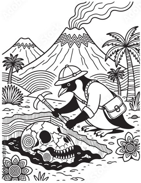 Fototapeta Penguin Archaeologist Coloring Page with Volcano Fossil Digging Adventure and Prehistoric Bones Printable Line Art