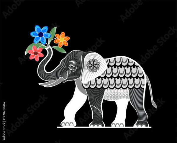 Fototapeta Cute elephant with a bouquet of flowers in its trunk 