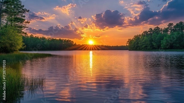 Fototapeta Sunset over a lake with trees and natural elements, showcasing a serene and beautiful landscape.