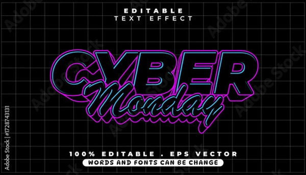 Fototapeta Cyber Monday editable text effect featuring a retro 80s futuristic neon style on a dark grid background. Vector graphic for online sales