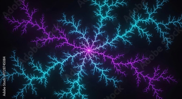 Fototapeta Abstract fractal snowflake pattern in neon blue purple and pink for winter holidays and design