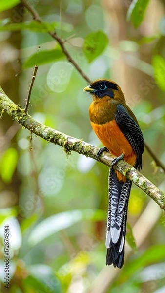 Fototapeta A vibrant bird perched on a branch in a lush forest
