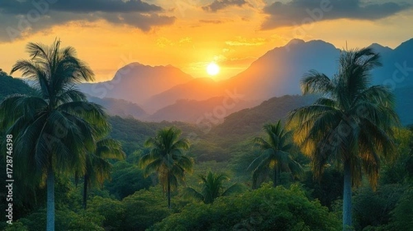 Fototapeta Sunset with mountains and palm trees, creating a dramatic and peaceful tropical scene.