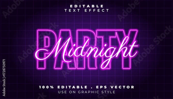Fototapeta Midnight Party Text Effect with Neon Glow on Dark Grid Background