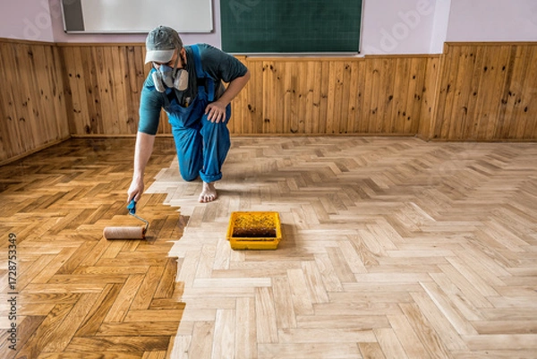 Obraz Professional worker in respirator lacquering parquet floors using roller