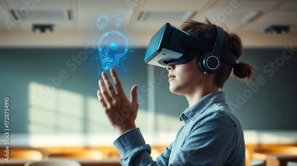 Fototapeta School student with VR headset using AI artificial intelligence technology. machine learning. Interactive technology in classroom. Smart tech. blue hologram in education