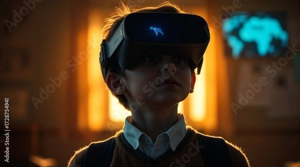 Fototapeta School student with VR headset using AI artificial intelligence technology. machine learning. Interactive technology in classroom. Smart tech. blue hologram in education