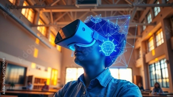Fototapeta School student with VR headset using AI artificial intelligence technology. machine learning. Interactive technology in classroom. Smart tech. blue hologram in education