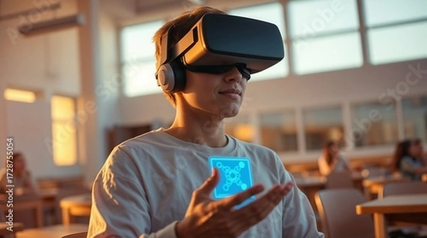 Fototapeta School student with VR headset using AI artificial intelligence technology. machine learning. Interactive technology in classroom. Smart tech. blue hologram in education