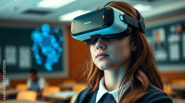 Fototapeta School student with VR headset using AI artificial intelligence technology. machine learning. Interactive technology in classroom. Smart tech. blue hologram in education