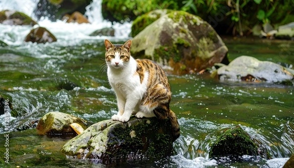 Obraz Cat sits on rock in a stream, surrounded by lush green foliage