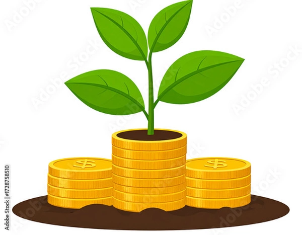 Obraz A stylized illustration of a small plant growing from a stack of gold coins