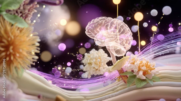 Fototapeta Abstract representation of a brain with flowers and glowing particles, symbolizing creativity and imagination in a vibrant setting