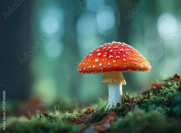 Fototapeta Vibrant red mushroom thrives in a mystical forest setting, casting enchanting shadows, a breathtaking natural backdrop for fantasy or nature themes.