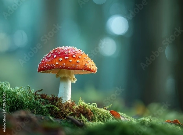 Fototapeta Vibrant red mushroom glows enchantingly in a lush forest, creating a magical, mystical atmosphere perfect for fantasy or nature-themed projects.