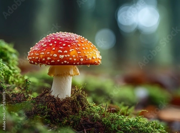 Fototapeta Enchanting red mushroom flourishes in a mystical forest bathed in soft, natural light, creating a breathtaking, magical backdrop for fantasy and nature themes.
