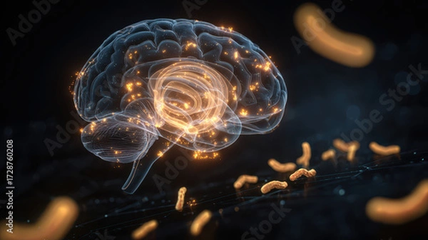 Fototapeta Abstract visualization of a brain with glowing neural connections and bacteria, representing the intersection of neuroscience and microbiome