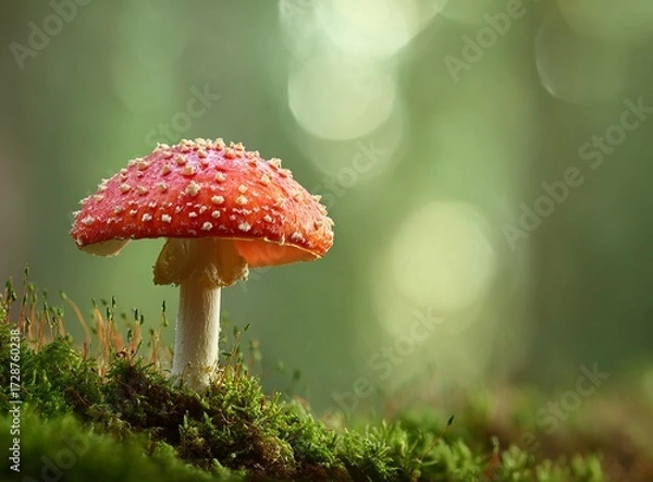 Fototapeta Enchanting red mushroom glows vibrantly in a mystical forest, creating a stunning, magical backdrop for fantasy or nature themes, inviting wonder and discovery.