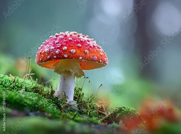 Fototapeta Vibrant red mushroom thrives amidst a lush green forest floor, bathed in soft, natural light, creating a magical, enchanting woodland backdrop for nature lovers and fantasy themes.