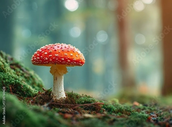 Fototapeta Enchanting red mushroom thrives in a mystical, sun-dappled forest, creating a stunning, vibrant backdrop for nature-themed projects and magical storytelling.