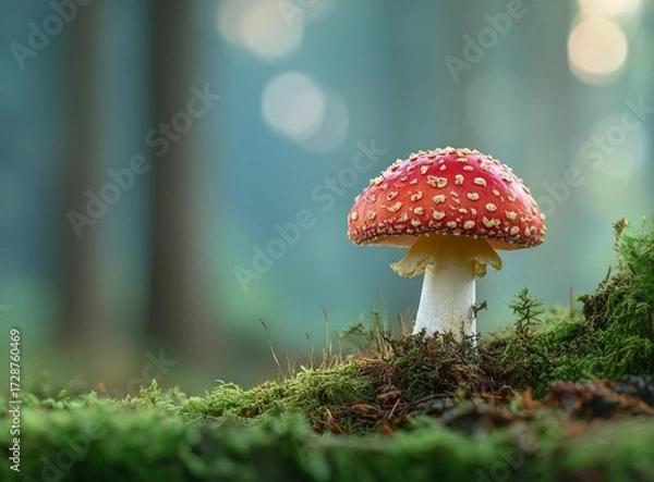 Fototapeta Enchanting red mushroom thrives in a lush forest, bathed in soft light, creating a magical, natural background perfect for fantasy themes and nature scenes.