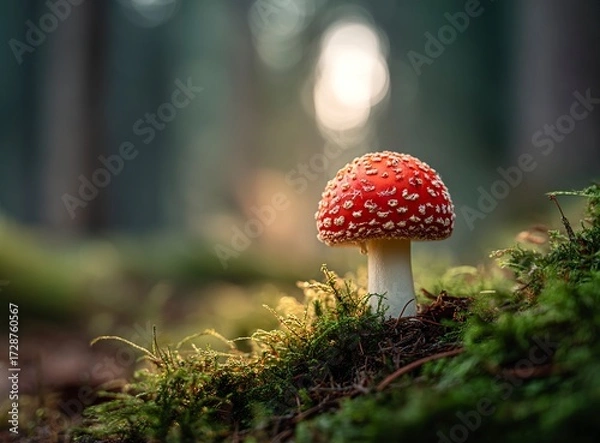 Fototapeta Enchanting red mushroom glows vibrantly in a mystical forest, creating a magical, breathtaking backdrop for fantasy and nature scenes, inviting wonder and discovery.