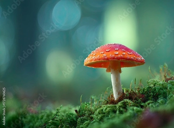 Fototapeta Vibrant red mushroom thrives in a lush, sun-dappled forest, creating a stunning, magical natural backdrop perfect for fantasy or nature themes.