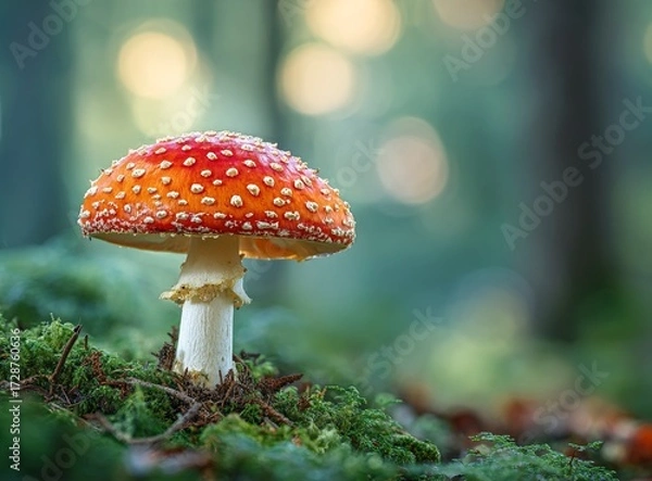 Fototapeta Vibrant red mushroom thrives amidst lush green forest, creating a stunning, natural backdrop for serene, enchanting woodland scenes and fantasy themes.