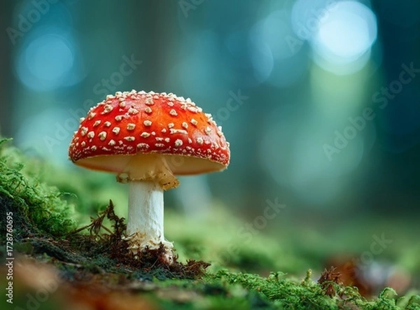 Fototapeta Vibrant red mushroom glows mysteriously in a deep, lush forest, creating a magical, enchanting natural landscape perfect for fantasy or nature themes.