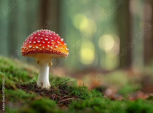 Fototapeta Vibrant red mushroom thrives amidst a lush, sun-dappled forest floor, creating a stunning, magical natural backdrop for nature enthusiasts and fantasy lovers seeking enchanting visuals.