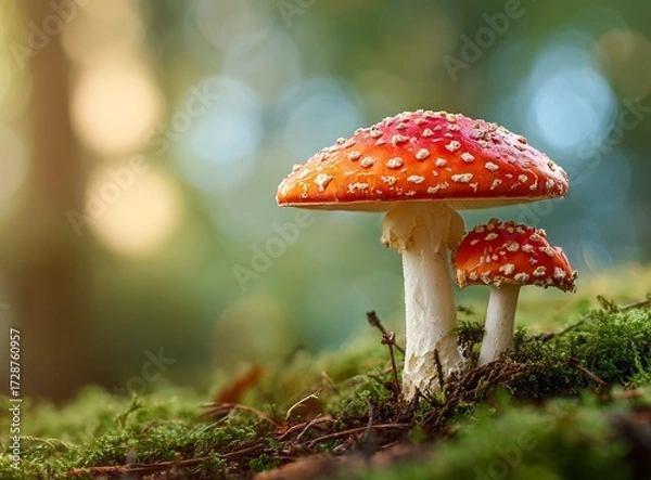 Fototapeta Vibrant red mushroom thrives in a lush, sun-dappled forest, creating a stunning natural backdrop for fantasy, nature, or outdoor themes.