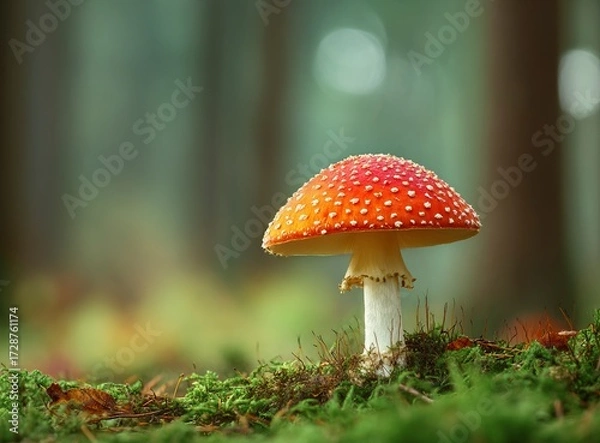 Fototapeta Vibrant red mushroom thriving in a lush forest setting, capturing the beauty of nature and its hidden wonders, perfect for environmental and botanical projects.