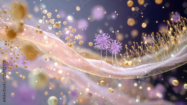Fototapeta Abstract depiction of microscopic biological structures featuring vibrant spheres, delicate strands, and purple flora, representing cellular activity and life
