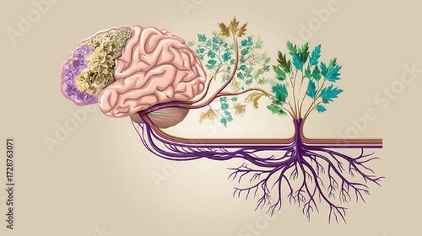 Fototapeta Illustration of a human brain interconnected with tree branches and roots, symbolizing growth, knowledge, and nature's influence on mental health