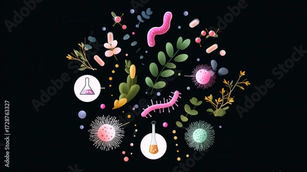 Fototapeta Abstract illustration of microorganisms, leaves, and laboratory flasks on a dark background showcasing biology and science themes