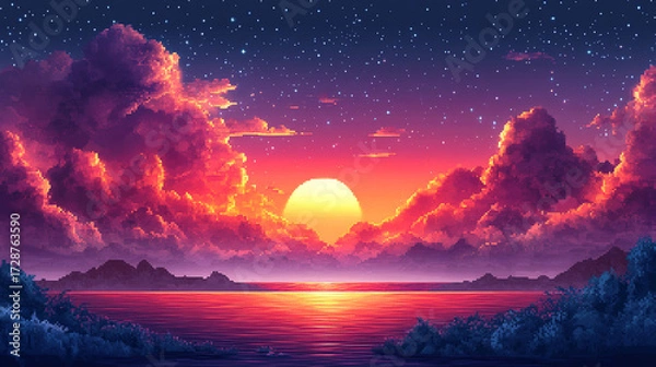 Obraz Colorful Sunset Over Water, Lush Landscape, Starry Night
