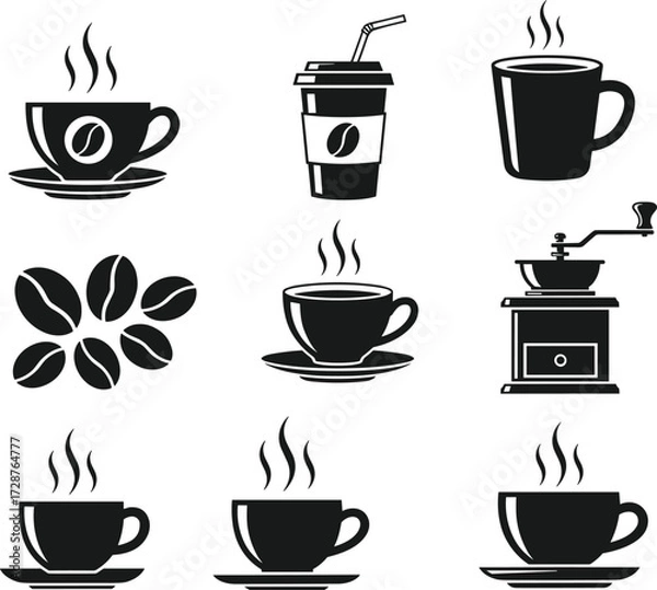Fototapeta Black and White Coffee Icons Set Featuring Cups, Beans, Grinder, Steam, Takeaway Mug, and Minimalist Design for Café Branding